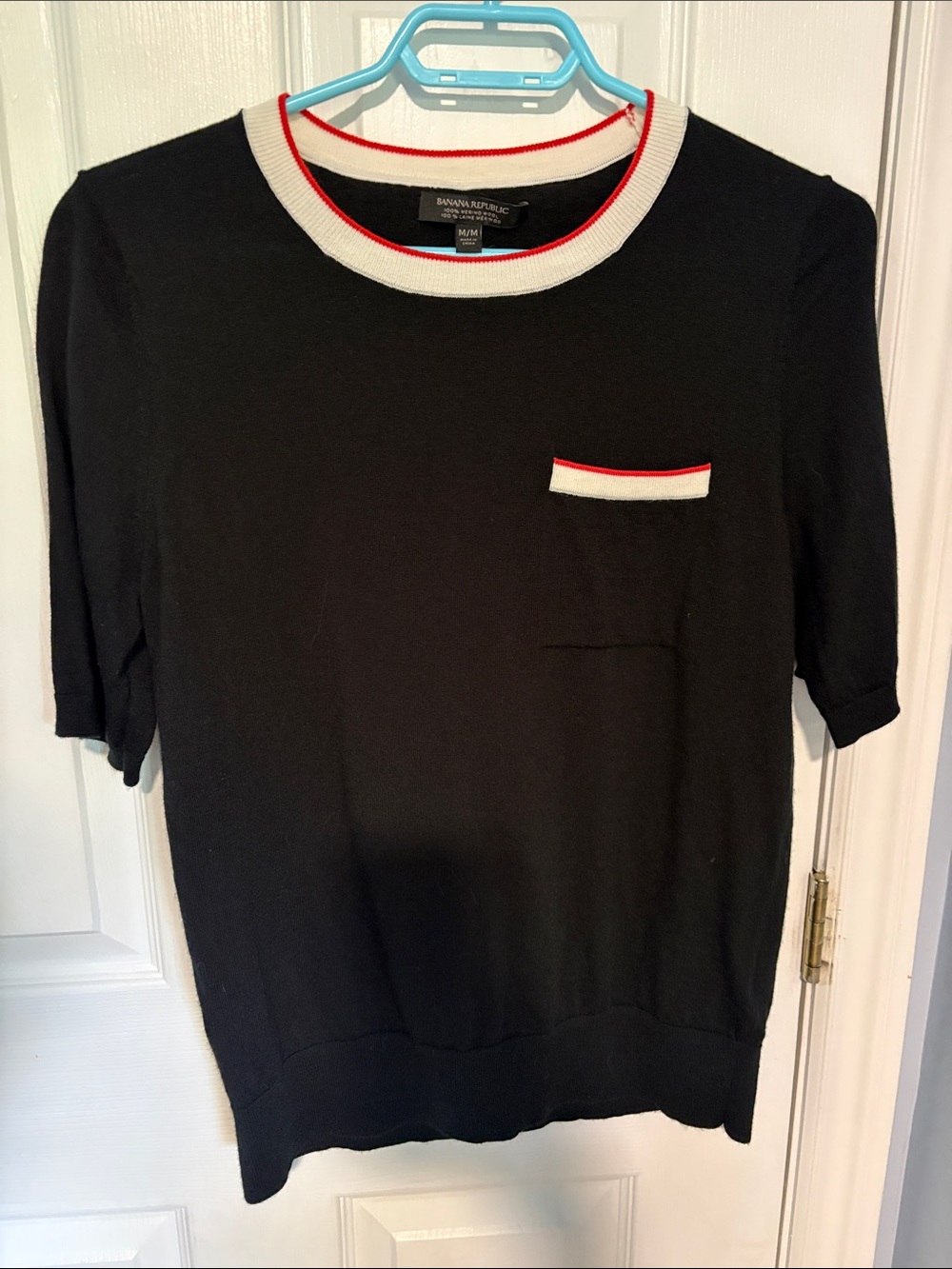 Banana Republic Black Short-Sleeve merino wool sweater with White & Red Trim